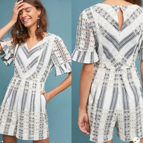 ANTHROPOLOGIE ett:twa striped eyelet romper 2 small - Picture 1 of 16